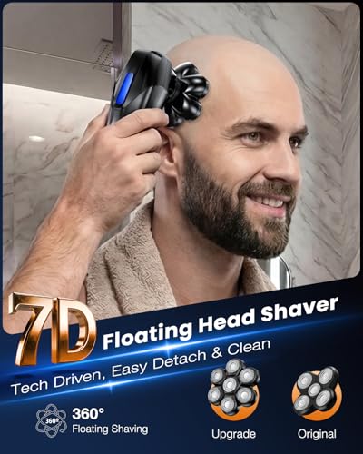 Image of Head Shavers for Bald Men, 5-in-1 Electric Shaver Grooming Kit, 7D Floating IPX7 Waterproof Rechargeable Wet /Dry Razor for Skull Bald Head, Body Hair, with Massager, Black
