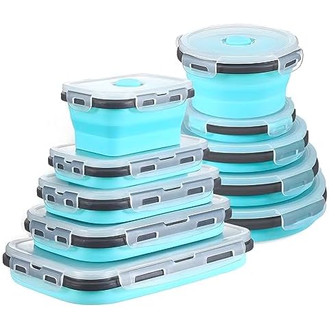 GEMLORD 10 Pieces Collapsible Food Storage Containers Foldable Silicone Lunch Containers with Airtight Lids, 5 Pcs Rectangle and 5 Pcs Round Food Bowls for Kitchen Microwave Freezer Dishwasher Safe Cover