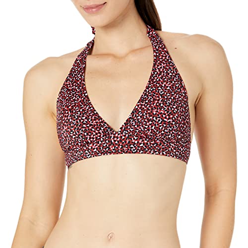 Amazon Essentials Women's Light-Support Tie Halter Bikini Swimsuit Top (Available in Plus Size), Brick Red Leopard, Large