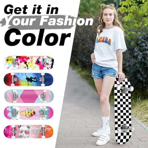 BELEEV Skateboard 31x8 Zoll Komplette Cruiser Skateboard für Kinder Jugendliche Erwachsene, 7-Lagiger Kanadischer Ahorn Double Kick Deck Concave mit All-in-one Skate T-Tool für Anfänger