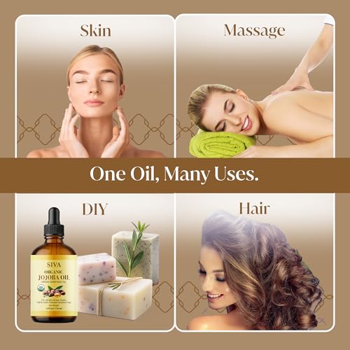 Image of SIVA ORGANICS Jojoba Carrier Oil with Dropper, 4 Fl Oz (118 ml) | Jojoba Oil for Skin Care, Facial Oil, Hair Care, Scalp Massage, Nail Care, Body Massage & DIY Beauty Blends, Glass Bottle