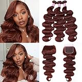 UNICE Reddish Brown Body Wave Human Hair 3 Bundles with 4x4 lace closure Free Part Brazilian Remy Hair Copper Red Wavy Bundles and Closure Colored Human Hair Extensions 16 16 16+16 inch Closure