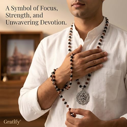 Image of Gratify Rudraksha Karungali Mala with Hanuman Pendant (8mm, 54 Beads) | Natural Ebony Wood & Sacred Rudraksha Spiritual Necklace for Meditation, Protection & Positive Energy | Unisex Prayer Mala