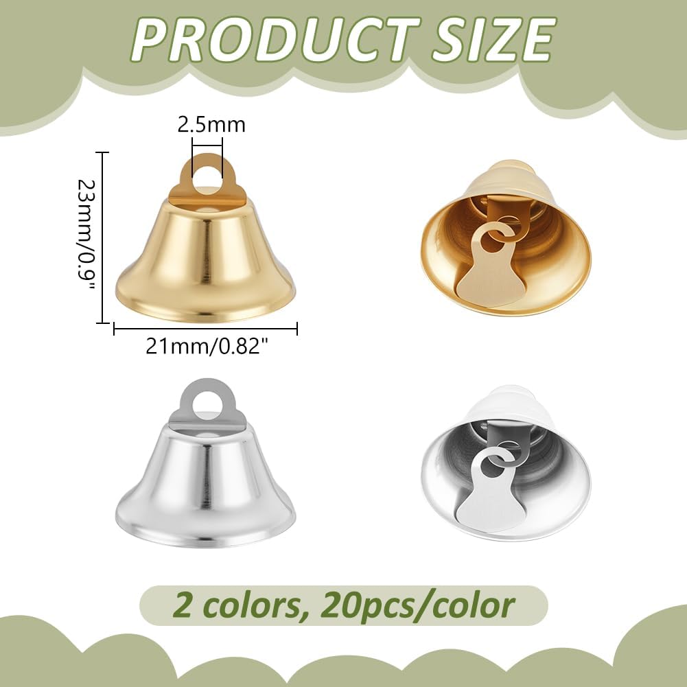 WADORN 40Pcs Craft Bells Bulk, 2 Colors 0.8"x 0.9" Small Jingle Bell Pendants for Crafts Mini Bells Charms for DIY Hanging Wind Chimes Christmas Home Decorations Making Pet Collar(Platinum and Golden)