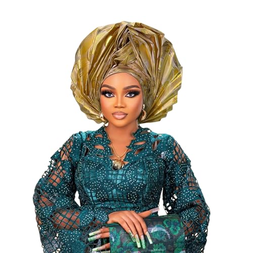 Nigerian Women's hat Folding Fan African Headscarf hat,Auto Gel Headwear,Suitable for Weddings,Parties,and Special Occasions (Golden)