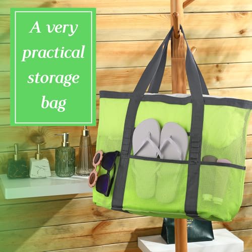 Image of Hillban Large Beach Mesh Bags Bulk for Women Beach Tote Bag with 8 Pocket Zipper Waterproof Sandproof for Pool Cruise Ship