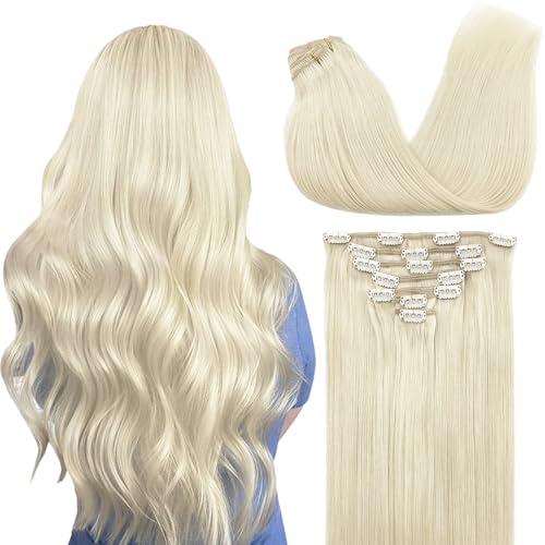 GOO GOO Clip in Hair Extensions Real Human Hair, Remy Human Hair Extensions Clip ins for Women, Natural Human Hair, 24inch 170g 7Pcs, #60A Platinum Blonde