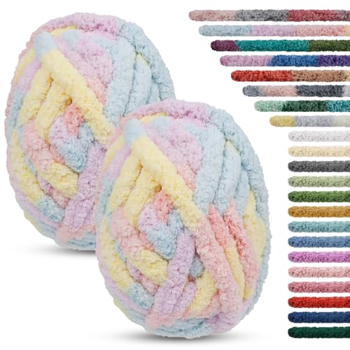 LEREATI 2 x 25.6m Pelote Laine Grosse Maille 2cm Fil Laine Chenille Crochet Grosse Laine à Tricoter à la Main Laine Velours pour Couvertures Lit pour Animaux...
