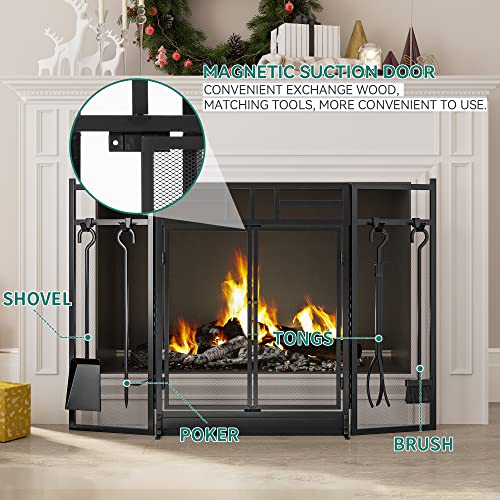 Yitahome 48.43X30.91In 3-Panel Folding Fireplace Screen With Magnetic Hinged Door, 4-Piece Fire Place Tool Set Steel Fire Spark Guard, Solid Wrought Iron Panels Wood Burning Stove Accessories(Black) #TOP7