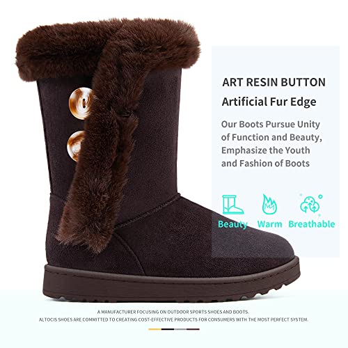 Altocis Women’s Fur Lined Winter Snow Boots Short Mid Calf Fashion Boot Art Resin Button Faux Suede Boots For Women(Chocolate Us7) #TOP2