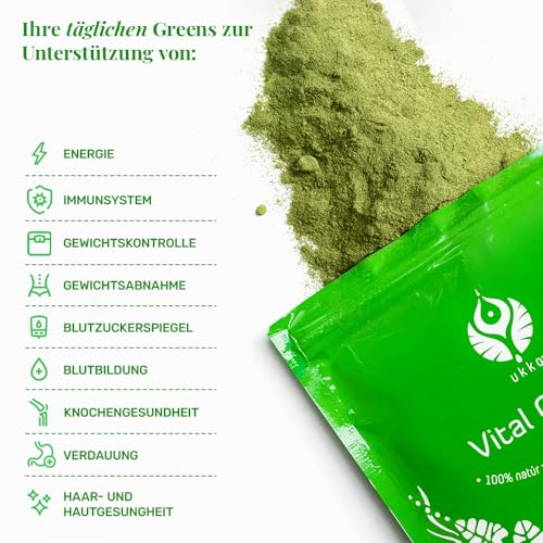 UKKO Vital Greens Superfood Pulver– Spirulina, Matcha, Wheatgrass & 5 Herbs+ Magnesium & Rich in Macronutrients, Micronutrients & Fiber–120g