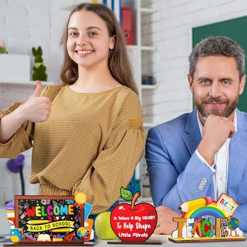 Image of Yuntau 6 Pcs Back to School Wooden Table Decorations Teacher Appreciation Desk Signs, Inspirational Classroom Tiered Tray Decor with School Bus Teach Love Design, First Day of Decorations for Teachers