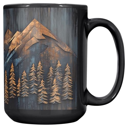 Taza de cerámica negra 15 oz diseño montaña y bosque miniatura 5