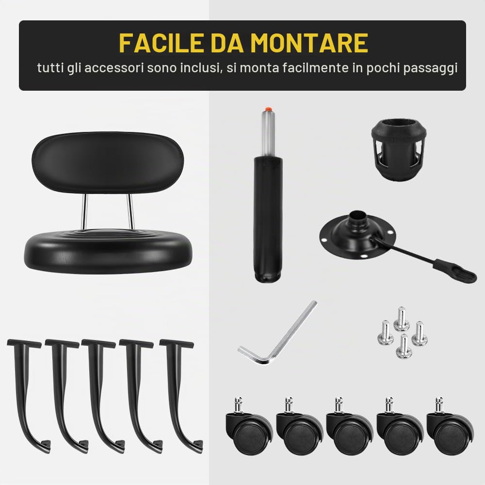 Sgabello girevole con ruote, sgabello girevole con schienale regolabile in altezza, in pelle PU, ideale per spa, saloni, casa, ufficio, lavoro di redazione (nero)