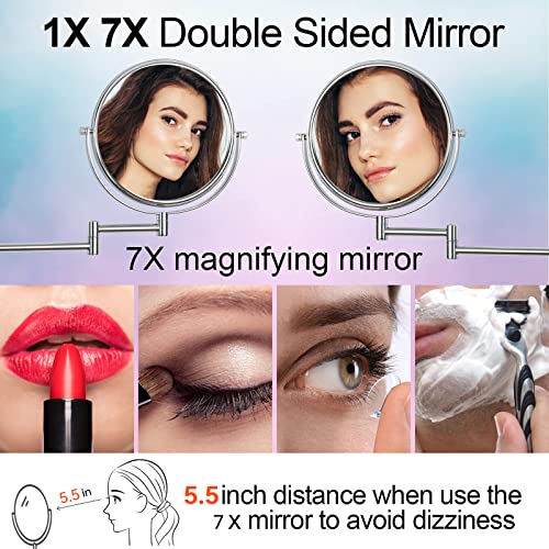 Lansi Wall Mounted Makeup Mirror, 7X/1X Double-Sided Magnifying Mirror, 360° Extendable Arm Wall Mirror, 8 Inch Bathroom Mirror For Makeup Or Shaving Chrome Finish #TOP5