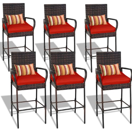 Image of Sundale Outdoor Wicker Bar Stool Set of 6, Patio Counter Height Pub Chair with Arms, High Top Rattan Barstool, Cushion Beige, All-Weather Outdoor Rattan Furniture (Brown&Red, Small Seat - 6 Stools)