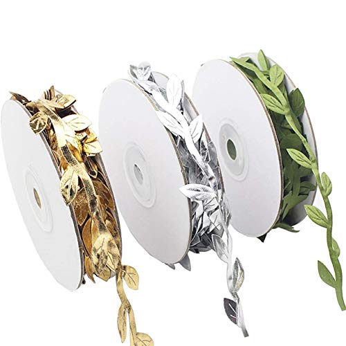 TIHOOD 3 Rolls 10 Yards Leaf Ribbons, Olive Green Leaf Ribbon, Gold Leaf Ribbon, Silver Leaf Ribbon Trim Spool, Green Leaf Ribbon Trim Spool, Wreath Making Gift Wrapping Wedding Decoration