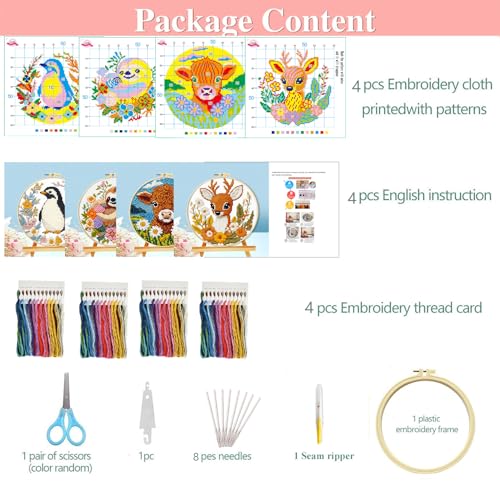 Image of Zhenqing 4-Piece Animal Cross Stitch Kit for Beginners - Complete Set with Pre-Printed 11CT 24x24cm Fabric, Hoop & Tools (Penguin, Sloth, Cow, Deer Designs)(70405)