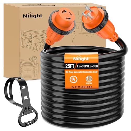 Image of Nilight 30 Amp 25FT Generator Extension Cord 3 Prong Shore Power Cords with Locking Waterproof NEMA L5-30P L5-30R Cable Heavy Duty 10AWG ETL Listed for RV Marine Boat Generators Outdoor Use