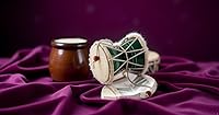 Vista 5 de Juego de instrumentos de percusión tambor de mano Dumroo Damroo Damaru folclórico indio clásico tradicional auténtico hecho a mano de madera y cuero