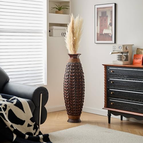 Image of Large Hand-Woven Bamboo Floor Vase, Tall Home Decor Floor Vase for Fake Flower Dried, Flower Holder for Living Room, Bedroom, Dining Room, Entryway, Hallway