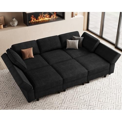 Belffin Modular Sectional Sofa with Deep Storage Seat,Corduroy 6 Seat Modular Sleeper Sofa Couch,Black 88.6"-6 seat Sleeper Black