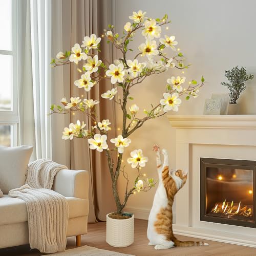 6FT Faux Magnolia Plant Artificial Flower Trees Fake Plants for Yard Patio Home Office Arrangement Decor Artificial Magnolia Tree Inc. 180 Realistic Flowers Vivid Leaves Mosses Lighting White Pot