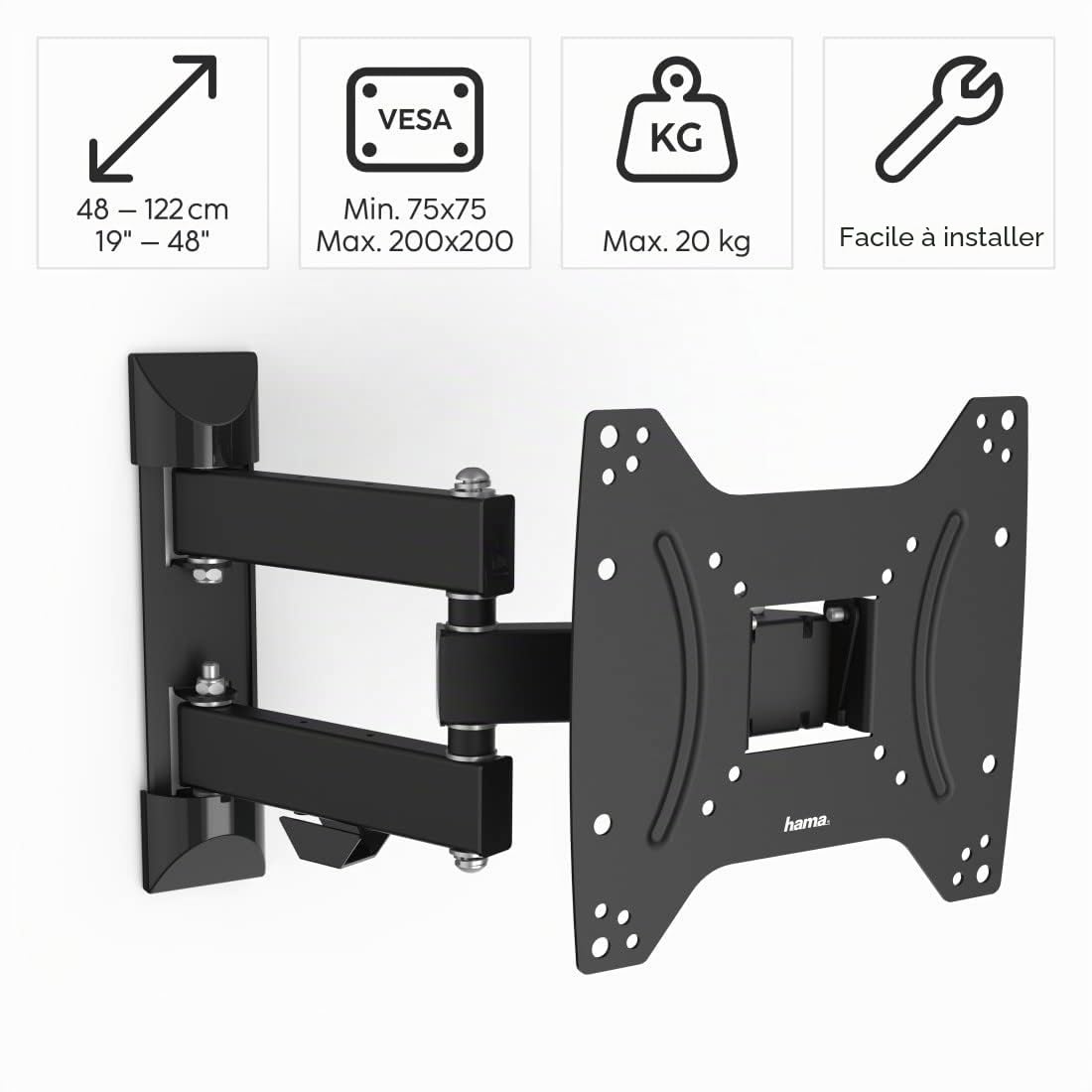 Hama Support mural TV FULLMOTION inclinable et pivotant pour TV écran plat entre 48 cm et 122 cm (19" à 48"), jusqu'à 20 kg de charge supportée, VESA 200x200, Noir