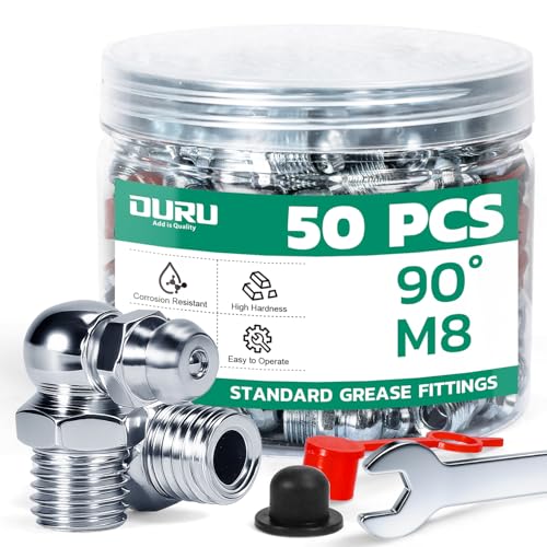 Image of OURU 50PCS M8 METRIC Grease Fittings Kit, Zerk Grease Fittings 90 Degree with Grease Fitting Caps & Wrench Kit(9mm) for Grease Gun