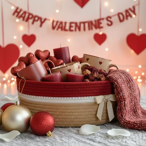 Image of Colingmill 1 Set Woven Basket for Gift Empty with Cellophane Wrap Set 14 x 10 x 5.5 Inch, Medium Decorative Gift Basket Empty to Fill, Cotton Rope Storage Box Decor (Brick Red Khaki)