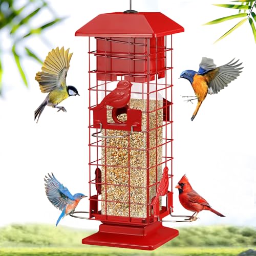 Squirrel Proof Bird Feeder for Outdoors Hanging, Yongblus Metal Wild Bird Feeders, with Weight Activated Perches 4 Ports, 3Lb Capacity Squirrel Proof Bird Feeder for Outside, Cardinal, Finch, Bluebird
