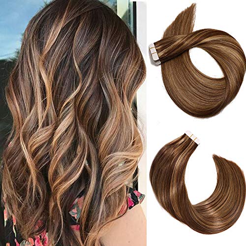 16" 20pcs 50g Per Set Tape In Hair Extensions Human Hair 8A #4P27 Piano Color Double Sided Tape Seamless Skin Weft Remy Silk Straight Hair Glue in Extensions Glue in Extensions Human Hair