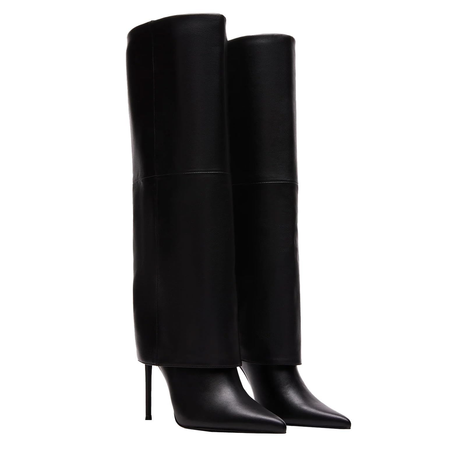 Fold Over Boots for Women Pointed Toe Stiletto Heel Knee High Boots Sexy Dress Shoes