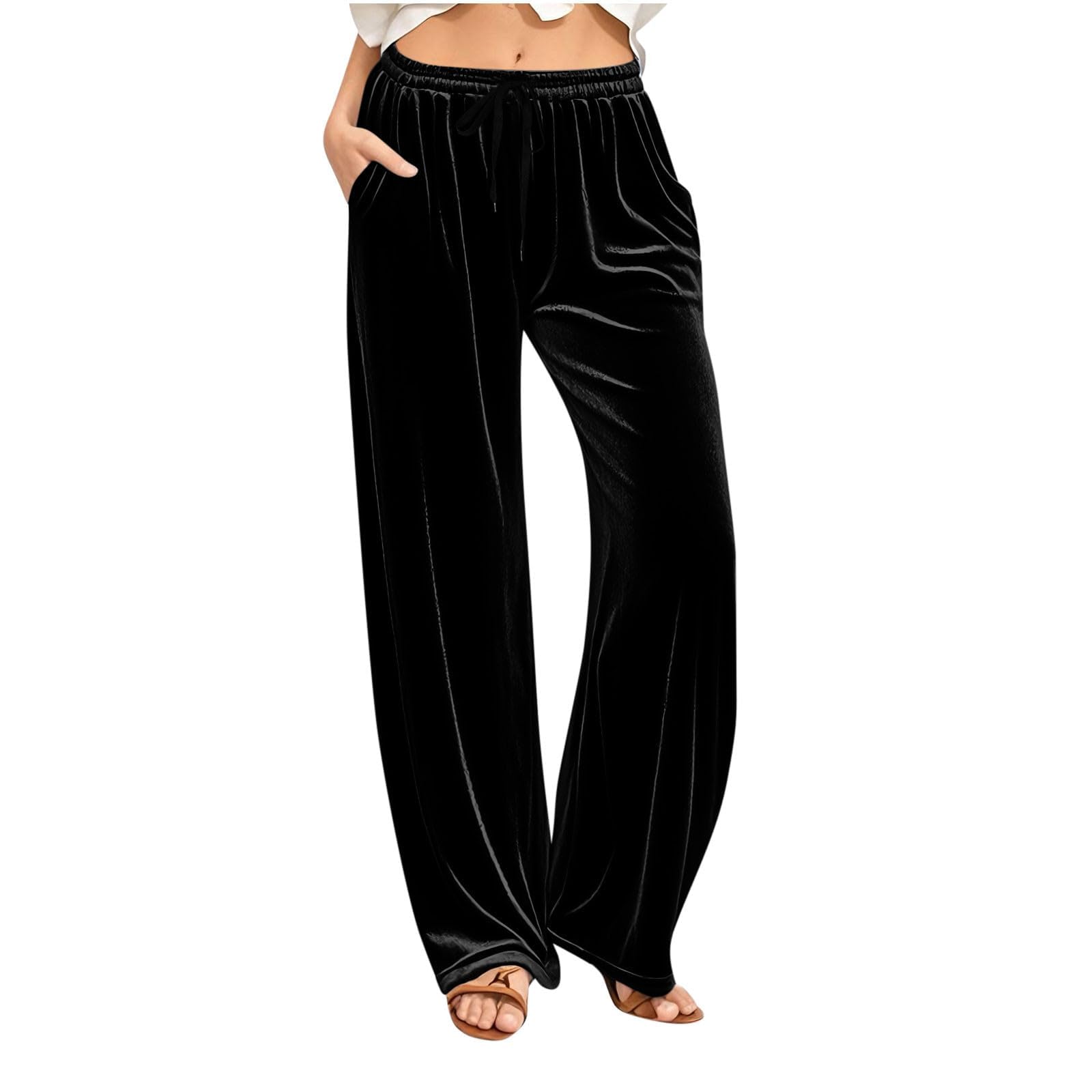 Womens Velvet Pants Drawstring Elastic High Waist Wide Leg Casual Lounge Pant Loose Comfy Trousers with Pockets