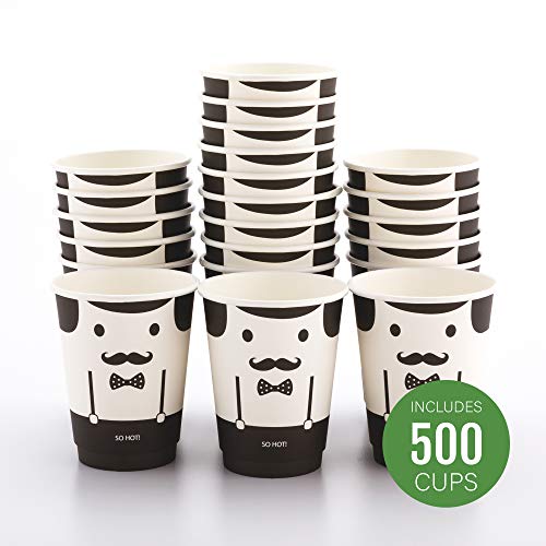 Image of Restaurantware 12-Ounce Disposable Cups, Pack of 500 Double Wall Hot Cups - Lids Sold Separately, Featuring a Monsieur Print with Black Paper Insulation, Ideal for Serving Tea, Coffee, and More