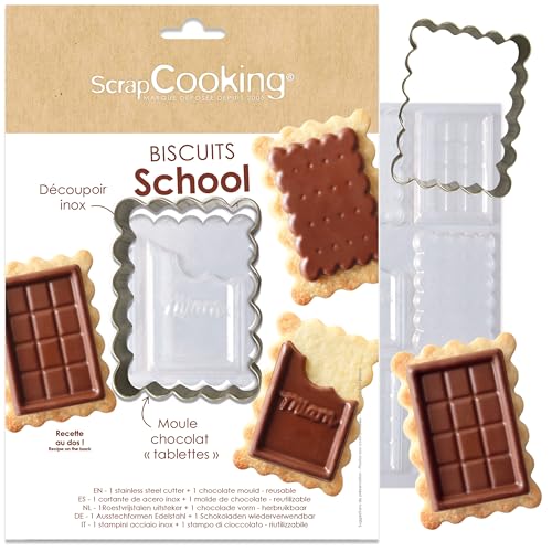 ScrapCooking – Keks-Set „School“ – Ausstechform aus Edelstahl & Schokoladenform – Backset für Butterkekse & Mini-Tafeln – Kinderfreundliches Backzubehör für den Snack – 2113