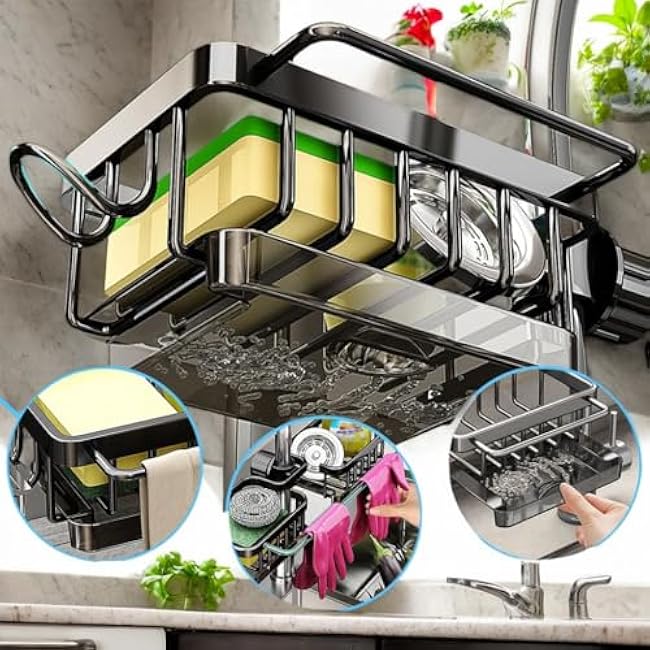 Kitchen Sink Caddy Organizer,Equipped with A Drainage Tray Sponge Holder,Faucet Organizer Rack for Bathroom,Adjustable with Hooks, Suitable for Kitchen and Bathroom, Left Side