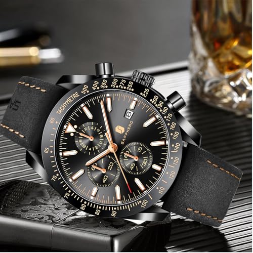 Image of BENYAR Men's Watches Waterproof Sport Military Watch for Men Multifunction Chronograph Black Fashion Quartz Wristwatches Calendar with Leather Strap