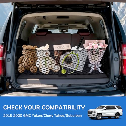 Image of Envelope Style Caro Net for 2015-2020 GMCYukon /Chevy Tahoe /Suburban Accessories, Rear Trunk SUV Mesh Cargo Net, Upgraded 5mm Bungee&Double-Layer Nylon Storage Netting Grocery&Tools Holder Organizer