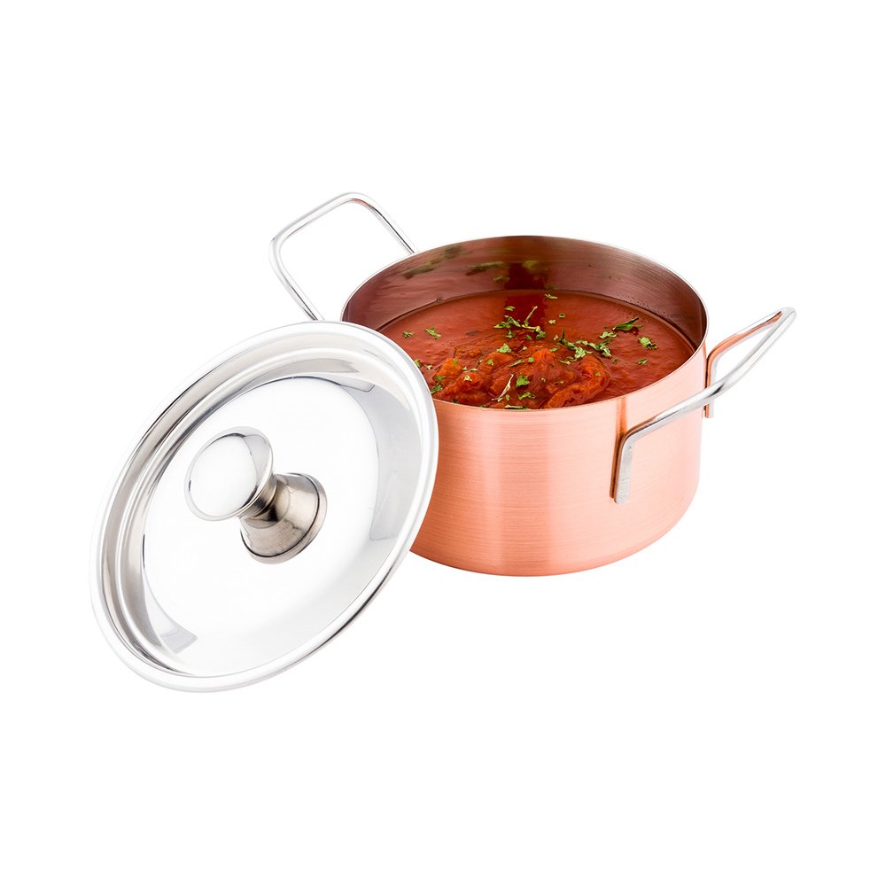 Restaurantware-16 Ounce Large Casserole Dish With Lid, 1 Break-Resistant Individual Casserole Dish - Built-In Handles, Cook And Serve Individual Portions, Copper And Stainless Steel Casserole Soup Pot