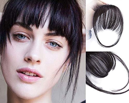 AISI QUEENS Clip in Bangs Hair Extensions Human Hair Air Bangs/Fringe Hairpiece Black Color with Temple Hand Made Tied Bangs for Women