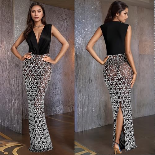 Image of PORRCEY Women's Sexy Elegant Rhinestone Bodycon Dress Hot Drilling Clubwear