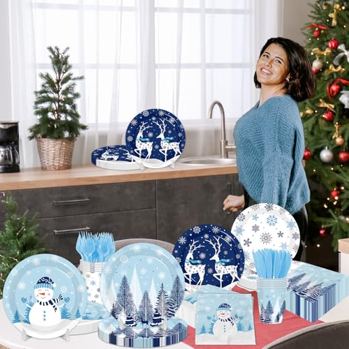 Christmas Paper Plates and Napkins,144pcs Winter Wonderland Plate and Napkins Dinnerware Snowman Snowflake Xmas Tree Christmas Plates Set for Winter Theme christmas Holiday – Image 4