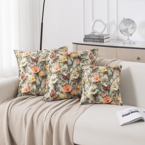 Image of HOKIPO 'Nature Muse 7D' Premium HD Printed Holland Velvet Sofa Cushion Cover | 16x16 Inch (40x40 cm) | Pack of 2, Butterfly Orchard (IN-923-D3*2)