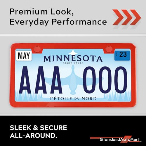 Image of Premium Slim Red License Plate Frames - 2 Pack, Rust-Free Stainless Steel & Rattle-Free, Street Legal, Universal with Screw Caps, Thin Metal Front & Rear Car Tag Holders Unisex