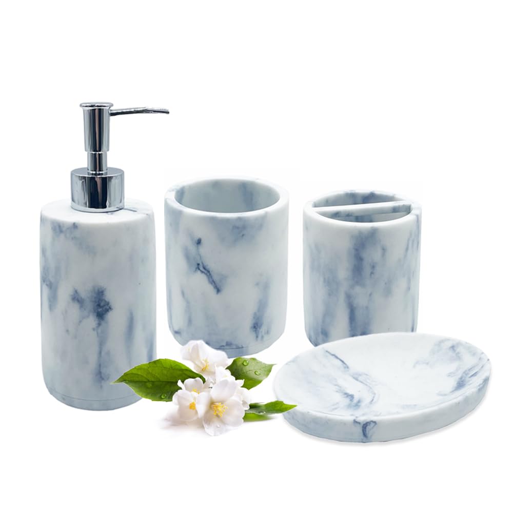 4pc Bathroom Set - Soap/Lotion Dispenser, Soap/Sponge Dish, Toothbrush Holder, Tumbler, Non-Slip Protective Silicone Feet