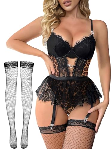Image of Alrovetoney Women Lingerie Set Naughty Lace Bodysuit High Waisted Underwire Lingerie Babydoll With Garter Belt and Stockings