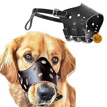 Sage Square Adjustable Strap Leather Muzzle with Breathable & DRINKABLE Holes Cum Mouth Cover Cum Pet Safety Collar for Dog, Puppy, Cat (Black) (Size: Small)