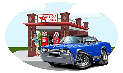 Classic Car 1967 Cutlass Big A Gas Station Wall Decal Vinyl Mural Blue 12" x 24" 2Ft Long Hot Rod Man Cave Garage Decor Gift for Him