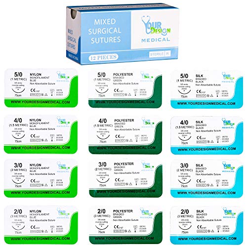 12 Pack of Mixed Sutures (2, 3, 4 & 5-0) in Nylon, Silk and Prolene